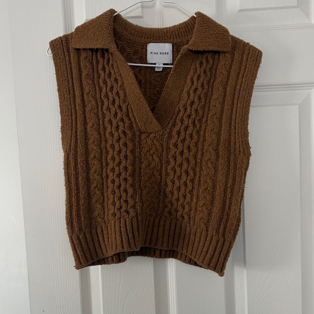 Pink Rose Women's V-Neck Brown Sweater Vest